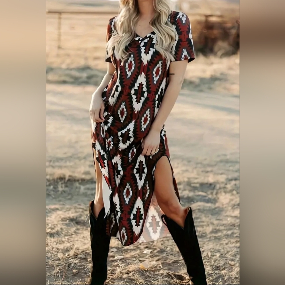 NWT Red Aztec red midi side slit dress